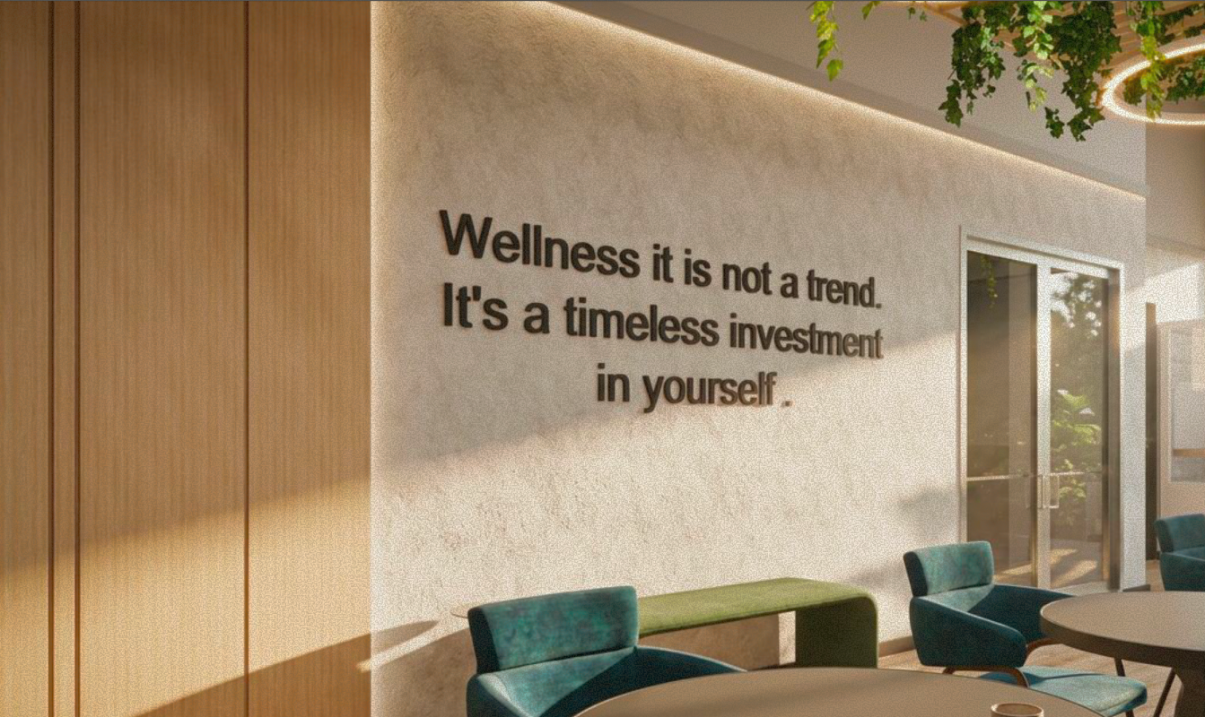 Co-working sanctuary lounge with tables, seating, plants, and wall signage
